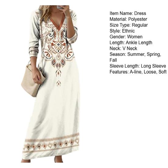 Women Dress Ethnic Style Print V Neck Long Sleeve Bohemian Loose A-line Pullover Soft Ankle