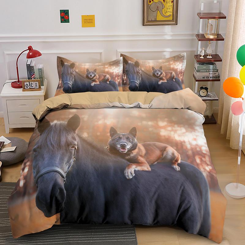 Horse Dog King Queen Bedding Set 3D Printed Animals Adult Kids Gift Duvet Cover Wildlife Quilt Cover Polyester Comforter Cover