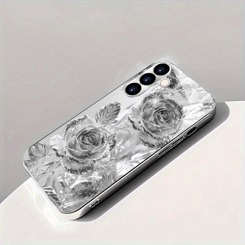 Позолоченный чехол для телефона из закаленного стекла, совместимый с Galaxy S26 S25 S24 S23 S22 Ultra Plus. Имеет дизайн с серебряной розой.