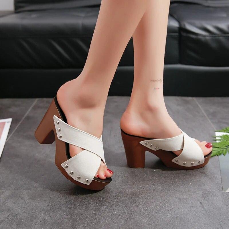 Summer Women Sandals Square High Heel Platform Flock Casual Rivet Pumps