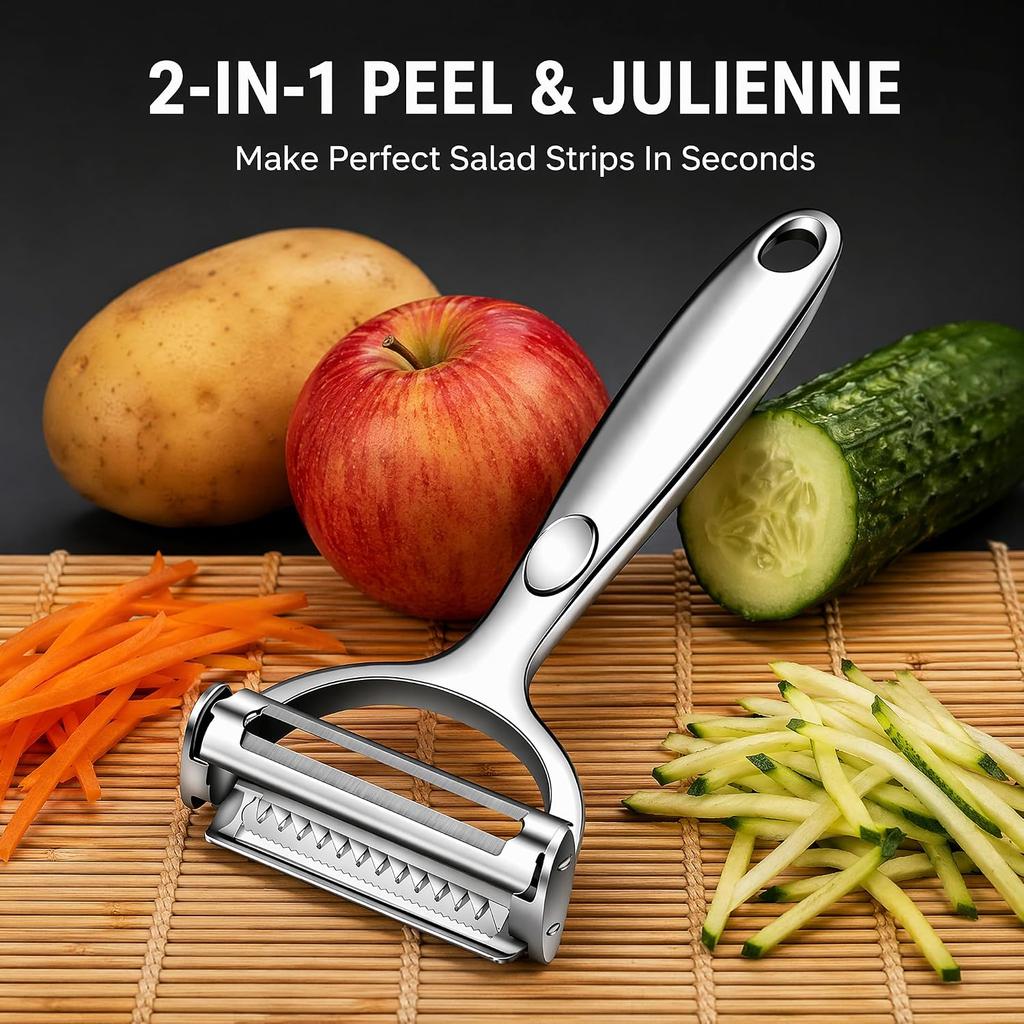 2-in-1 Multifunctional Vegetable Peeler with Stainless Steel Julienne Blade Sharp Handheld Kitchen Peeler Tool for Potato Carrot Cabbage Fruit