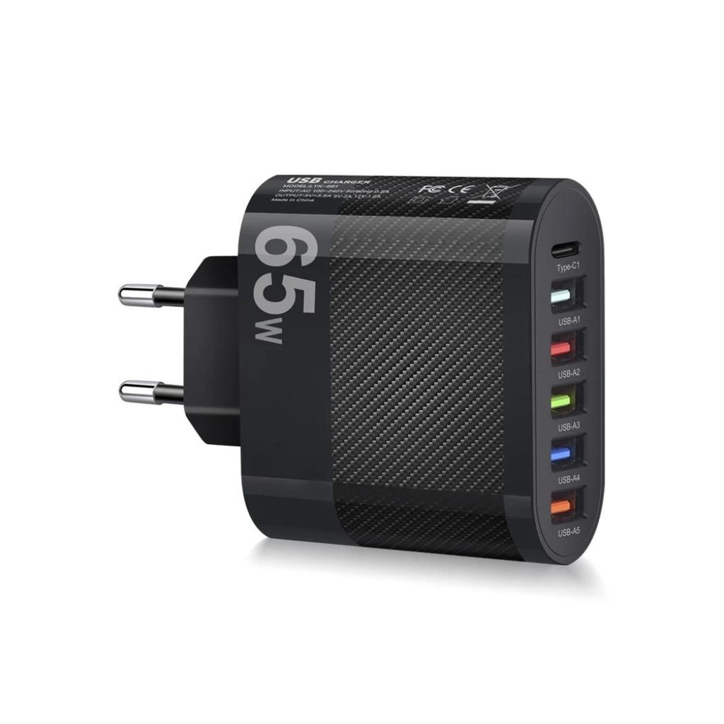 Быстрая настенная зарядка 65 Вт 6 в 1 5 USB 1 Type C для iPhone Samsung Xiaomi Huawei Oppo Адаптер для мобильного телефона