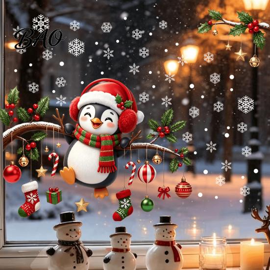 Winter Theme Window Ornaments Christmas Static Cling, Penguin Decal with Holly Baubles Snowflakes, Atmosphere Decor Festive for Home Living