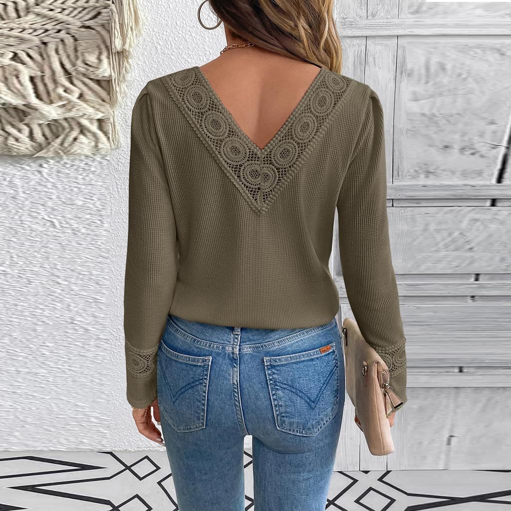 Women's Casual V-Neck Hollow Solid Color Long Sleeve Top