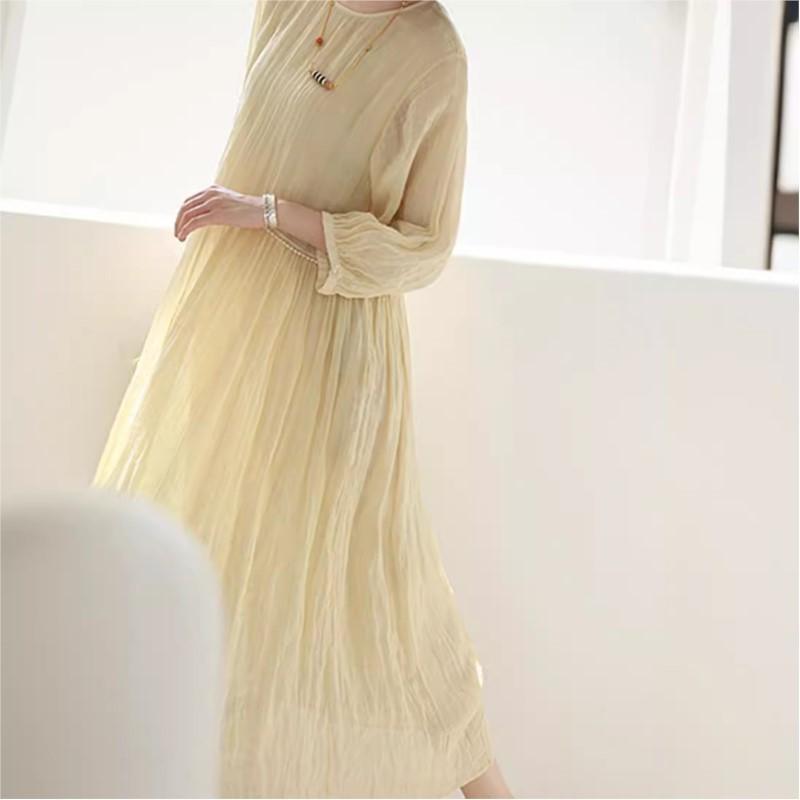 Johnature Винтажное платье с круглым вырезом и длиной три четверти, свободное платье А-силуэта, женское, осеннее, однотонное, с круглым вырезом и рукавами-фонариками