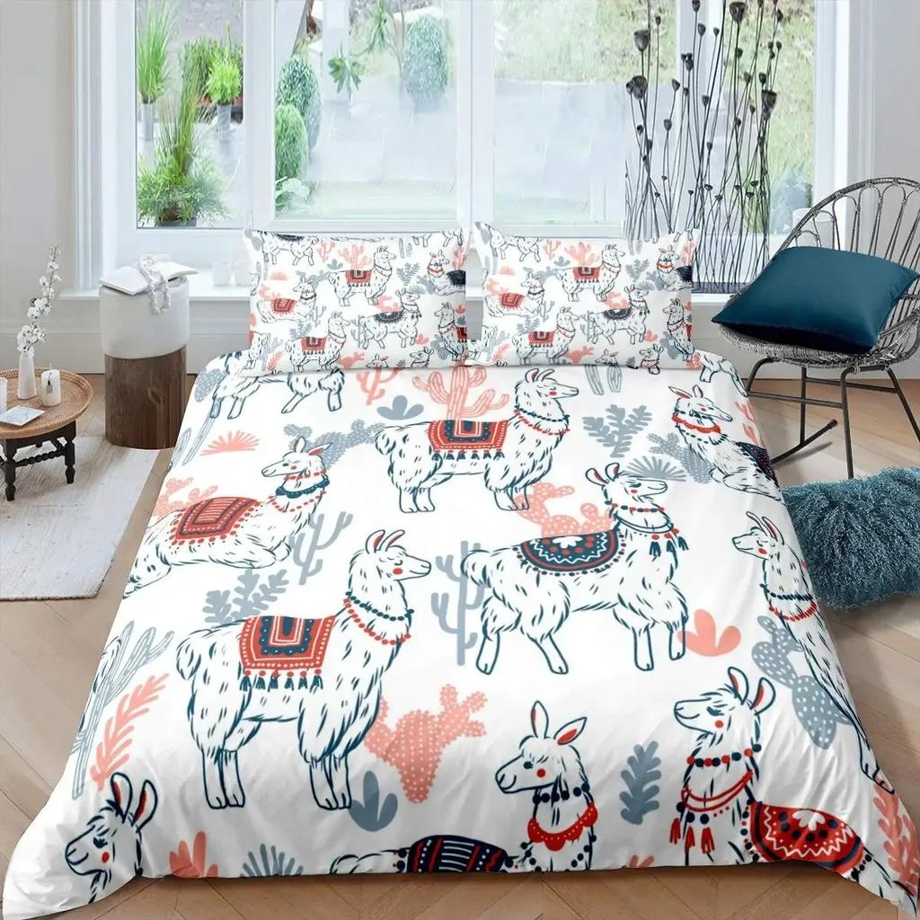 Cute Cartoon Alpaca Llama Cactus Print Duvet Cover Set Full Size, Alpaca Bedding Set Botanical Animal Comforter Cover,Multicolor