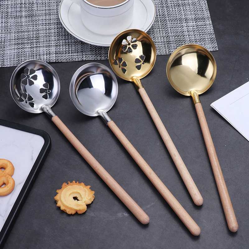 27cm Stainless Steel Cooking Spoon With Wood Long Handle Wooden Ladle Slotted Spoon with Holes for Cooking Soup Serving Spoons