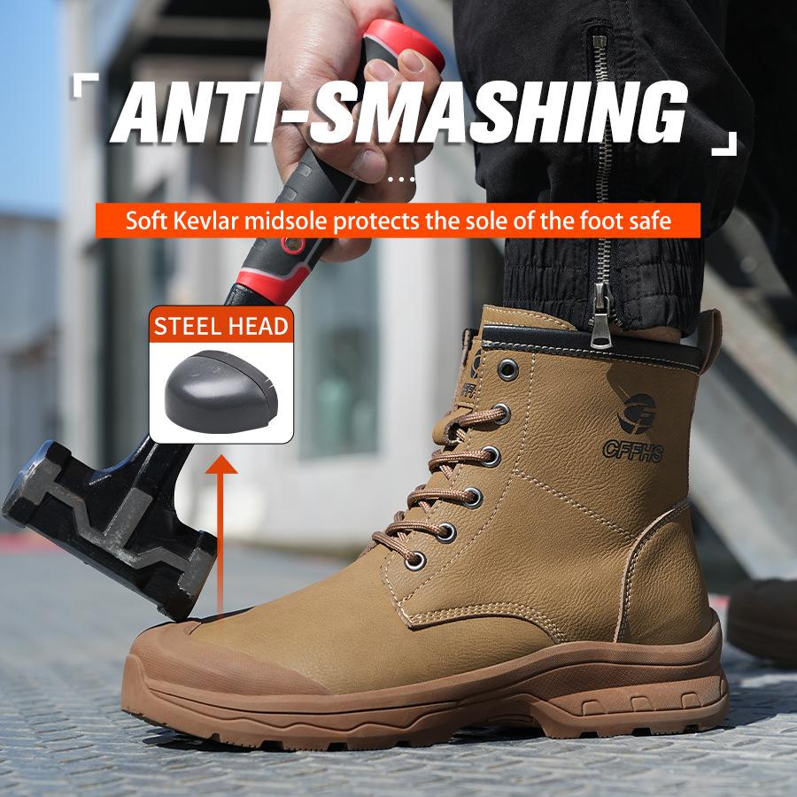 Модные высокие ботинки Рабочие ботинки Неразрушаемая обувь со стальным носком Водонепроницаемые защитные ботинки Прокалываемые антиожоговые мужские кожаные ботинки