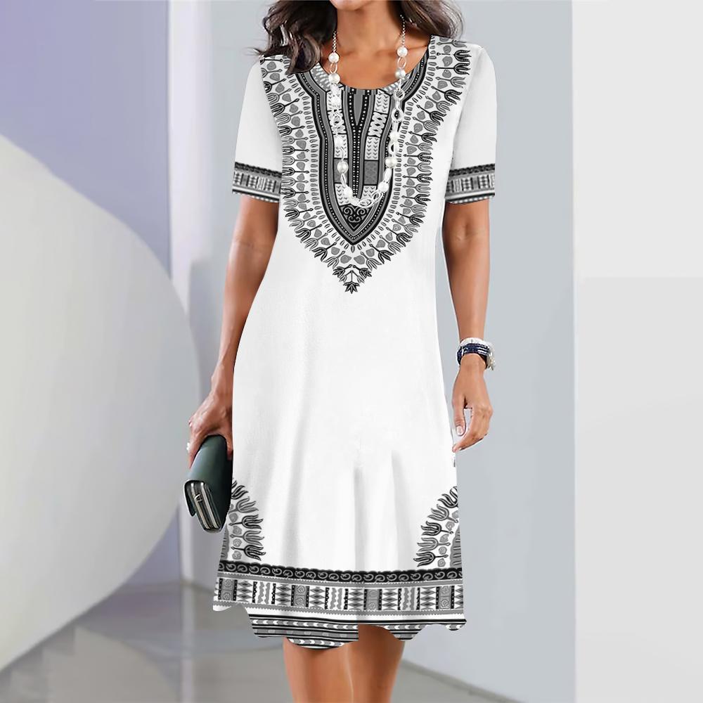 Летние женские свободные платья Винтажная геометрия Платья с короткими рукавами Праздничная повседневная юбка А-силуэта Дизайнерский национальный костюм