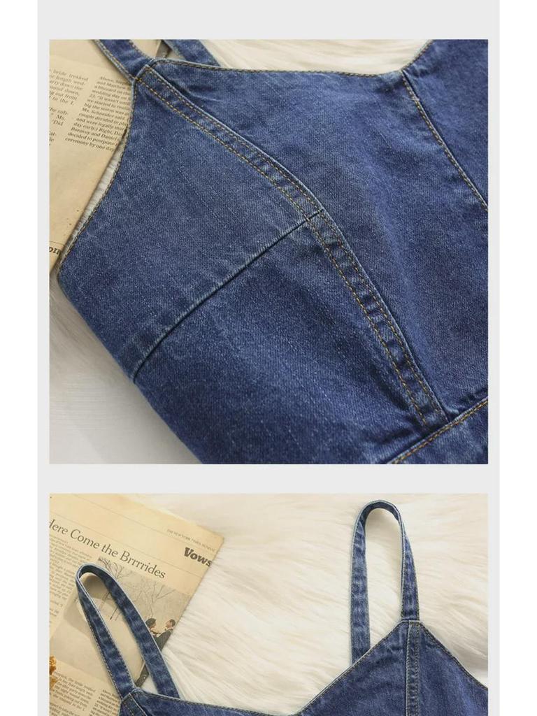 Женская джинсовая майка: Стильная летняя верхняя одежда с уникальными бретелями, облегающим кроем и укороченным дизайном