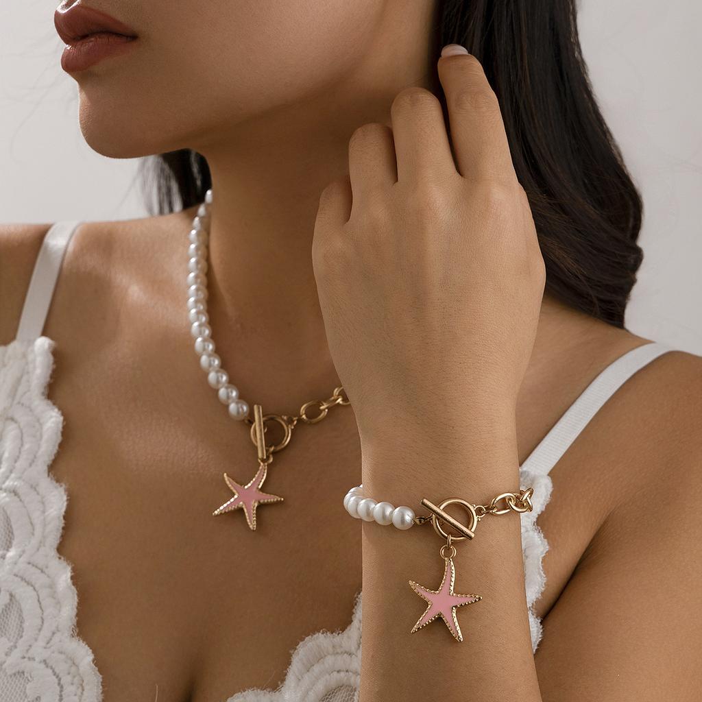 Ocean Style Colorful Star Pendant Necklace, Pastoral Vacation Asymmetrical Imitation Pearl Necklace