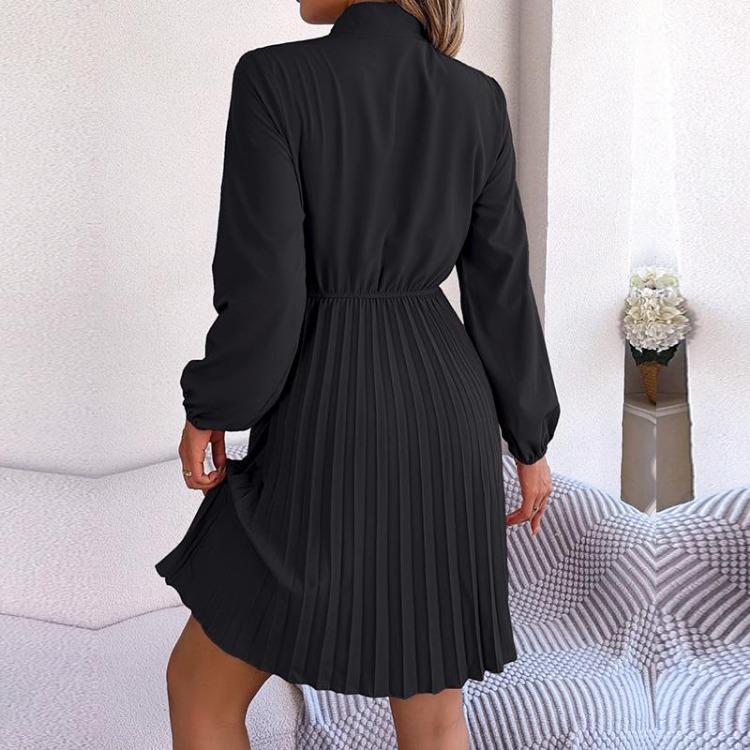 Элегантное осенне-зимнее женское платье на шнуровке с высокой талией, длинным рукавом и плиссировкой, однотонное