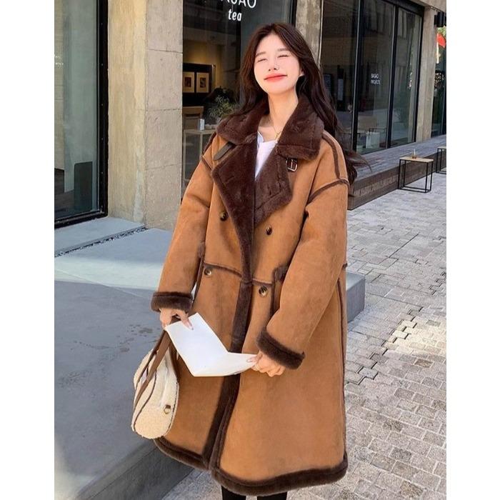 Korean Style Winter Lamb Fur Loose Coat for Women Thick Warm Long Fleece Lined Jacket