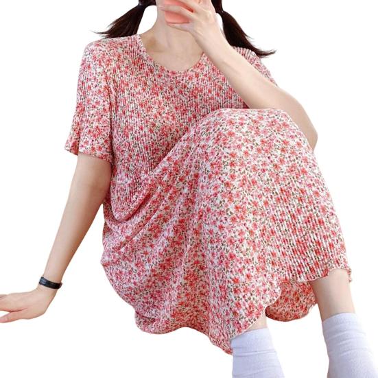 Summer Women Dress Small Flower Print Crew Neck Loose Short Sleeves Pleated Mid-calf Length Pullover Shopping Midi Dress