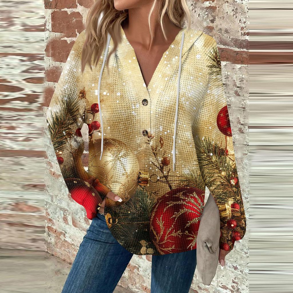 Женская мода с длинным рукавом, завязками на шнурке, капюшоном, пуговицами, V-образным вырезом, повседневная толстовка с капюшоном и рождественским принтом