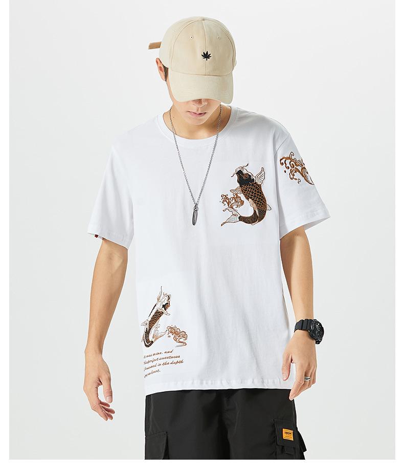 Мужская этническая хлопковая футболка с вышивкой карпов, короткий рукав, свободный крой, большой размер, стиль национальной волны