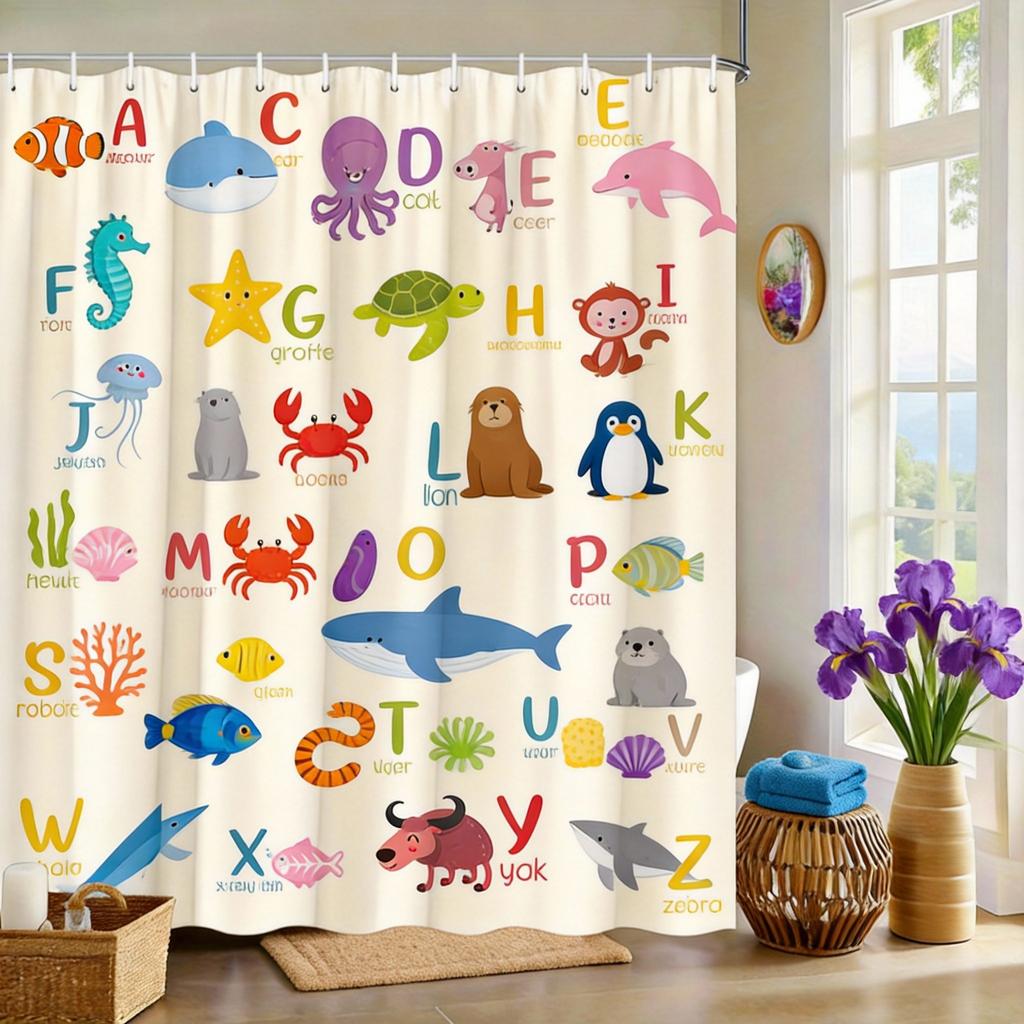 Animal Alphabet Shower Curtain Cute Cartoon Animals A-Z Print Polyester Bath Curtain With Hooks For Kids Bathroom Decor