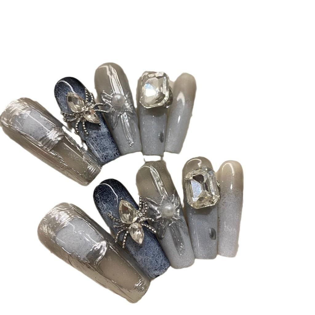 РУЧНАЯ РАБОТА удлиняет форму балерины/удлиняет длинную трапецию Темный стиль 3D металлик серебристый паук синий градиент черствое лето накладные ногти многоразовые