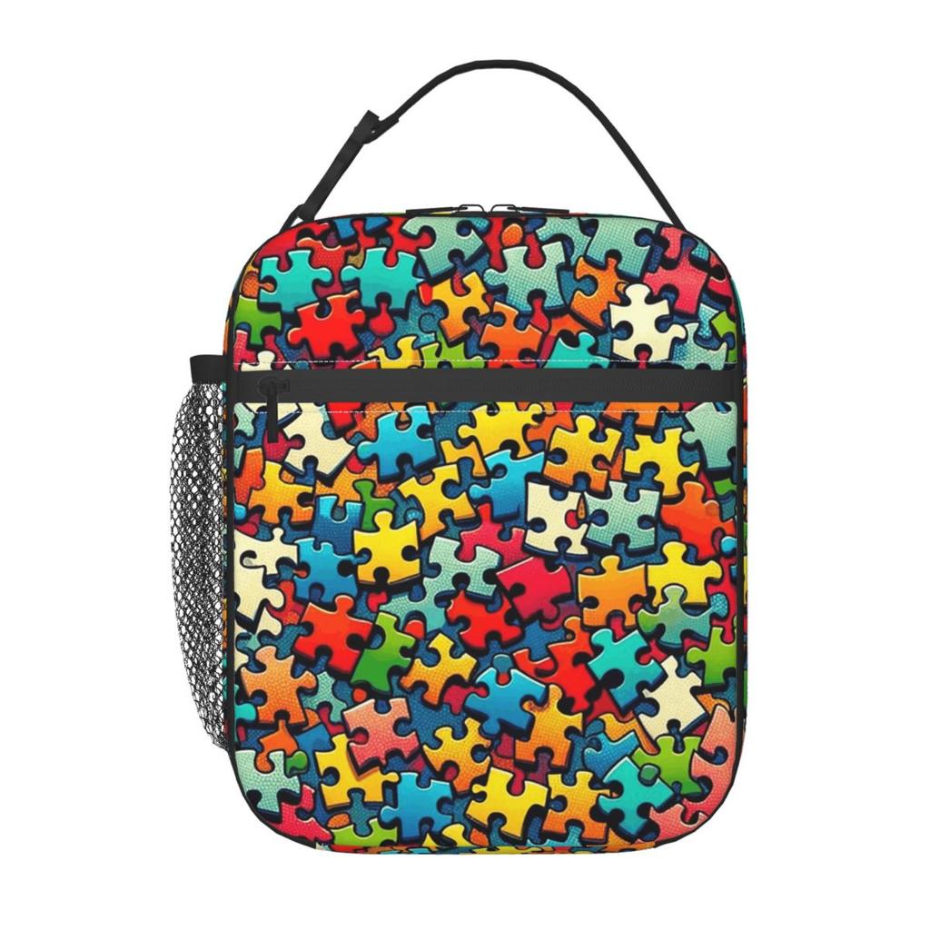 Autism Awareness Colorful Puzzle Piece Print Insulated Lunch Bag for Women Kids Portable Food Boxes Thermal Lunch Box Tote