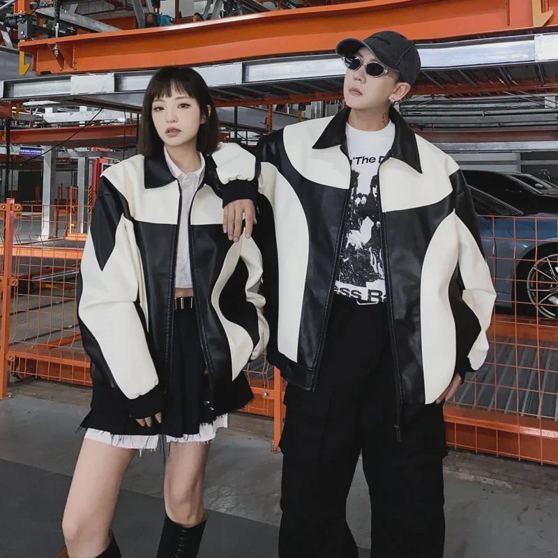 Мужская кожаная куртка в гонконгском стиле: Корейская мода осень/зима, молодежный свободный крой, контрастные цвета, повседневная верхняя одежда для мотоциклистов