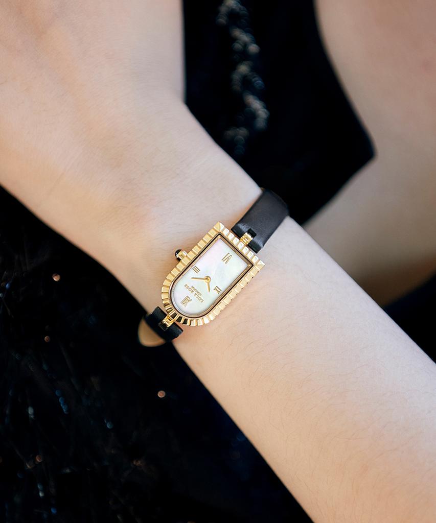 Lollalojeu Arch Mother-Of-Pearl Black Leather Strap Women'S Wristwatch