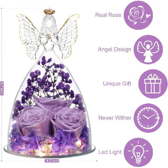 Mothers Day Mom Gifts for Women Preserved Flowers in Glass Angel Forever Flowers Gifts Eternal Roses Gifts for Grandma, Light Purple