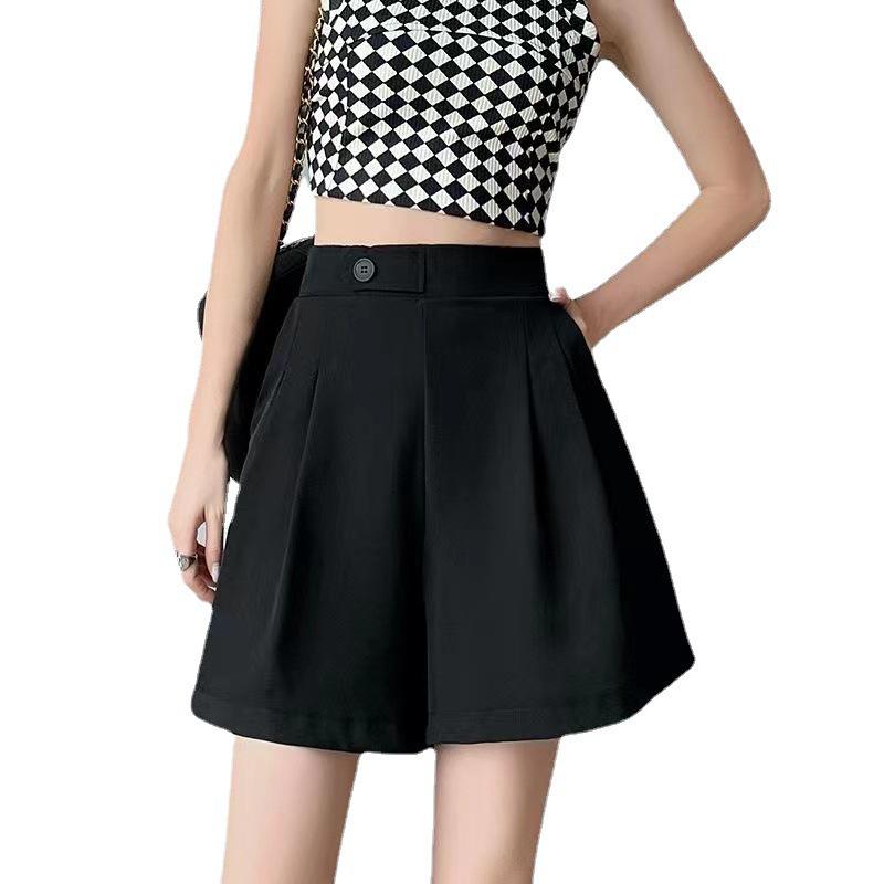 Драпирующиеся брюки с высокой посадкой и широкими штанинами: Корейский стиль Осень 2025 Черные А-силуэта Утягивающие Повседневные Шорты для Женщин