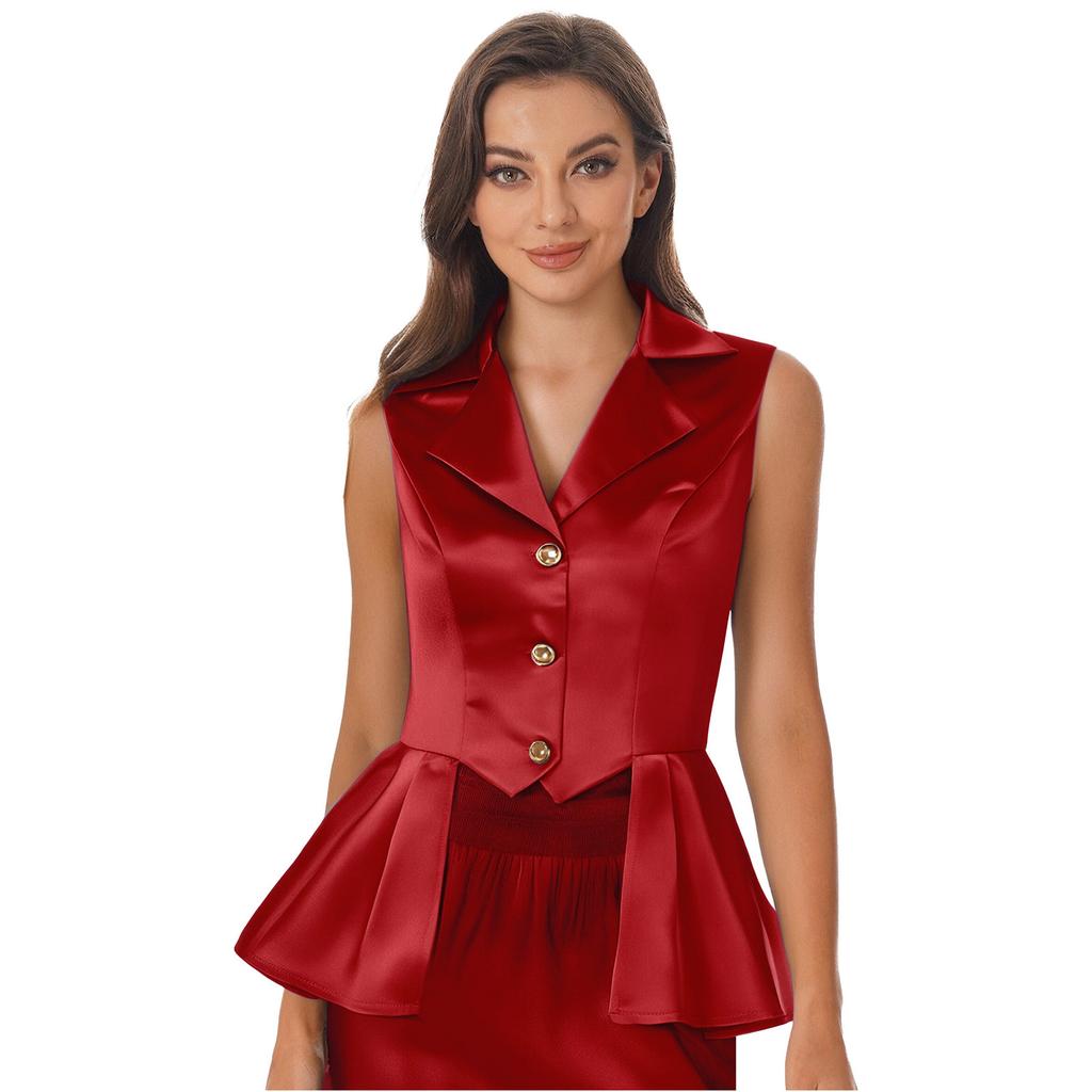 Женский жилет в викторианском стиле с отложным воротником, без рукавов, на пуговицах спереди, с асимметричным низом с оборками, куртка-топ