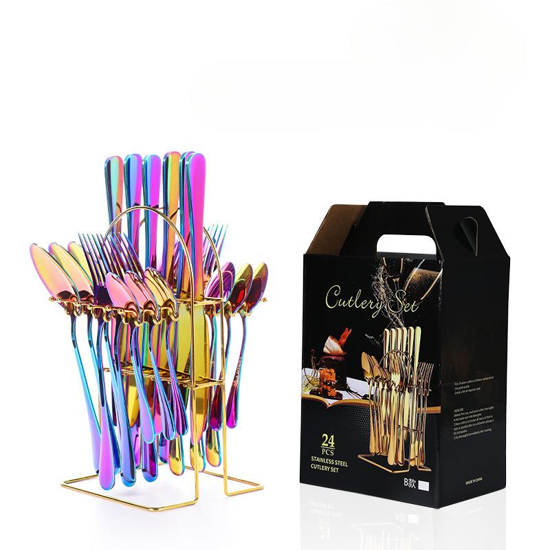 Stainless Steel Tableware 24 Pieces Suit Western Food Four Main Pieces Knife, Fork and Spoon with Storage Rack Gift Set Suit