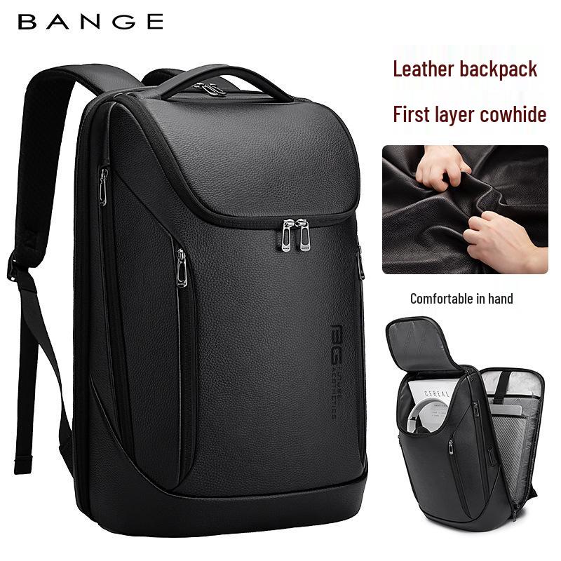 BANGE Men's Casual Leather Business Backpack - Top Layer Cowhide Fashion Computer Bag
