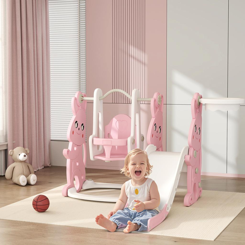 4 in 1 Kids Slide and Swing Set with Climber, Basketball Hoop, Rabbit-Themed, Pink