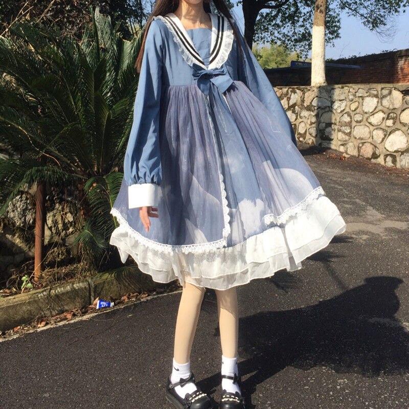 Японское платье Лолиты, женское элегантное милое праздничное платье Kawaii, женское повседневное лоскутное корейское платье, осенняя женская одежда