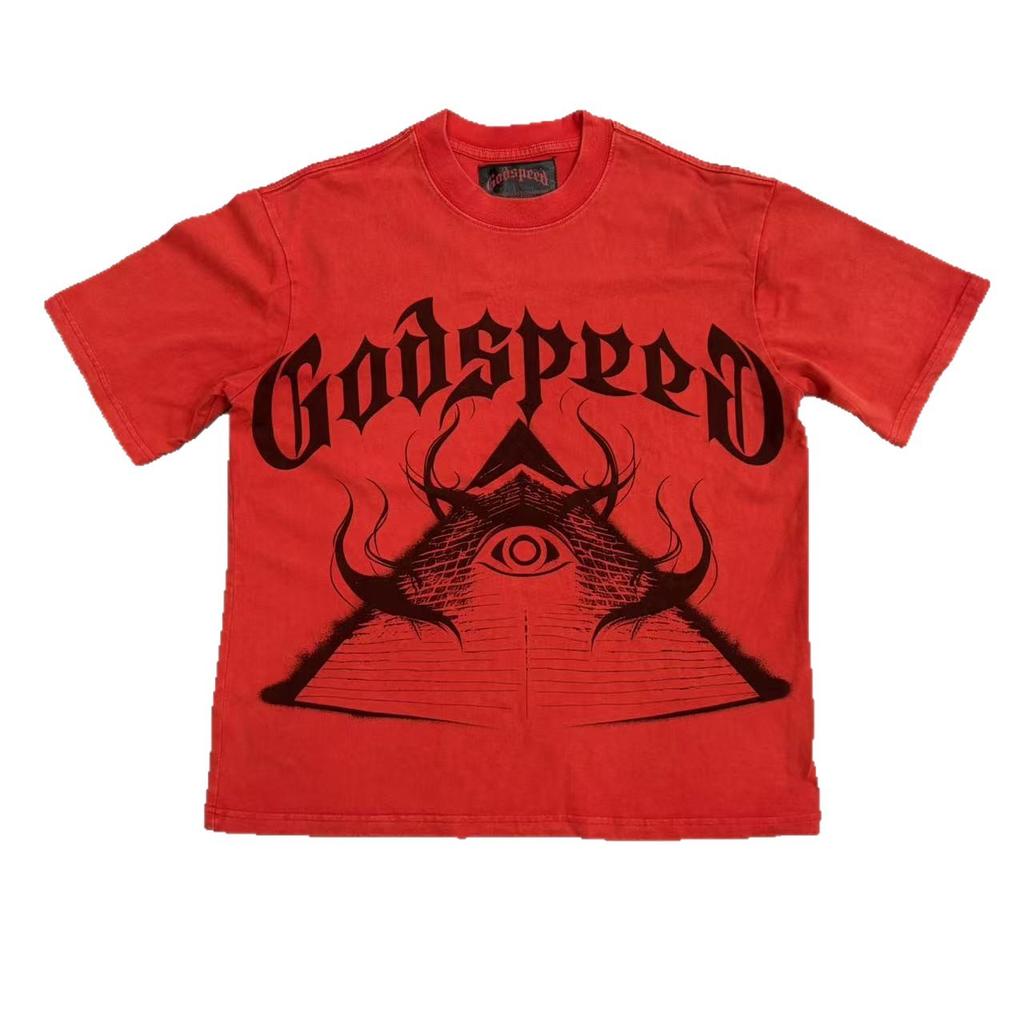Cross-border beauty tide GODSPEED all-seeing eye pyramid gothic letter print loose short-sleeved T-shirt