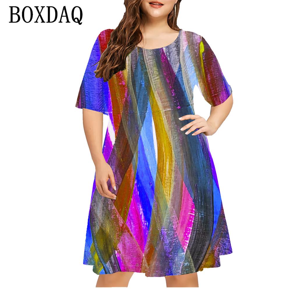 Women's Gradient Painting Striped 3d Printing Dress Fashion Casual Short-sleeved Loose Dress Ladies Summer Women's Clothes