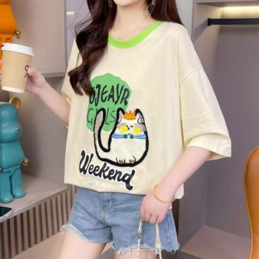 Navava Women CaT PrinTing Loose FiT Round Neck T shirT nT2423