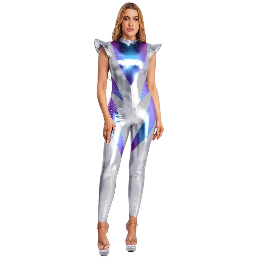 Womens Metallic Iridescent Alien Jumpsuit Fly Sleeve Leggings Unitard Space Cosplay Costume