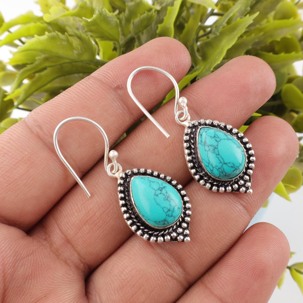 Blue Turquoise Handmade Gemstone Earrings, 925 Solid Sterling Silver Bohemian Jewelry Earrings, Attractive Silver Earrings Gift For Wife