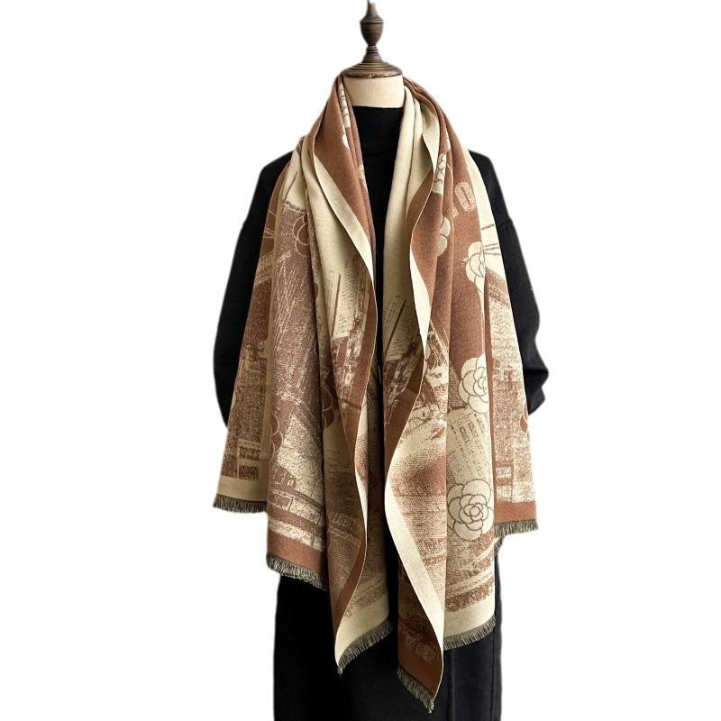 Autumn and Winter New Imitation Cashmere Castle Camellia Scarf Retro Thickened Warm Scarf Shawl with Windproof Scarf