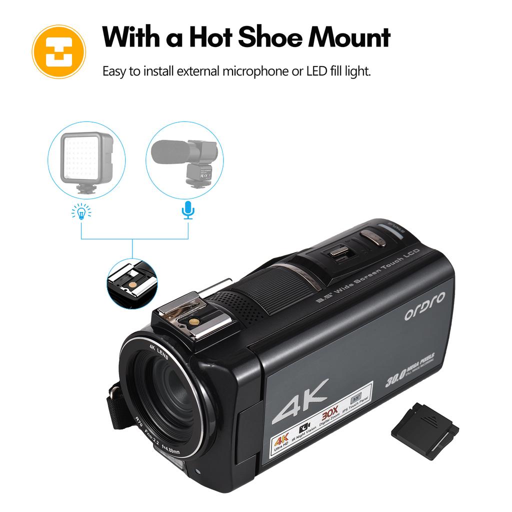 Цифровая видеокамера ORDRO HDR-AX10 4K, Wi-Fi, видеокамера, DV-рекордер, 3,5-дюймовая сенсорная панель IPS, 30 МП, 30X