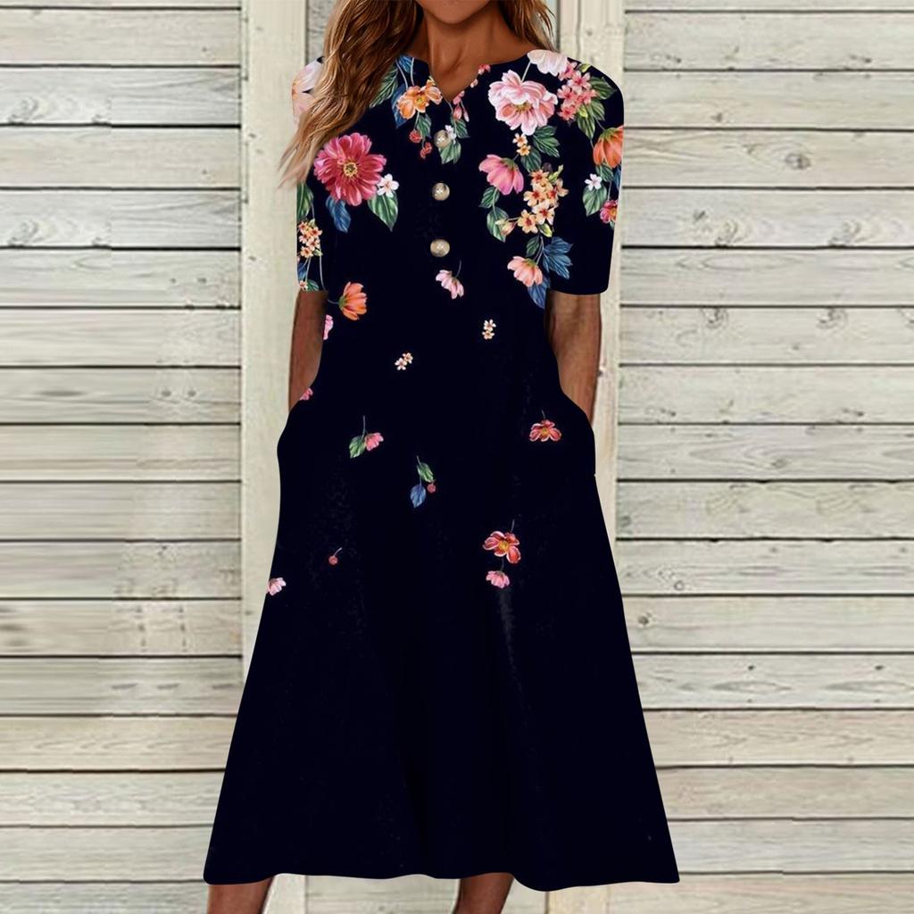 Women's Summer Casual Printed V-Neck Short-Sleeve Swing Dress