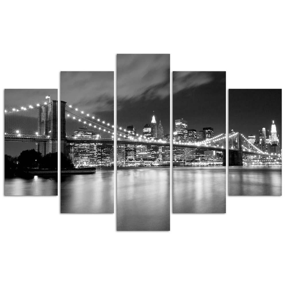 Feeby Five piece picture canvas print, Brooklyn bridge at night black and white