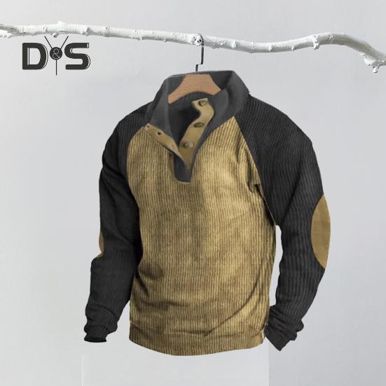 Весна Осень Мужская Толстовка Цветные Блоки Пэчворк Ретро Стиль Полуоткрытый Воротник-стойка Топ Плюс Размер Свободный Длинный Рукав Топ Повседневная Жизнь Офис