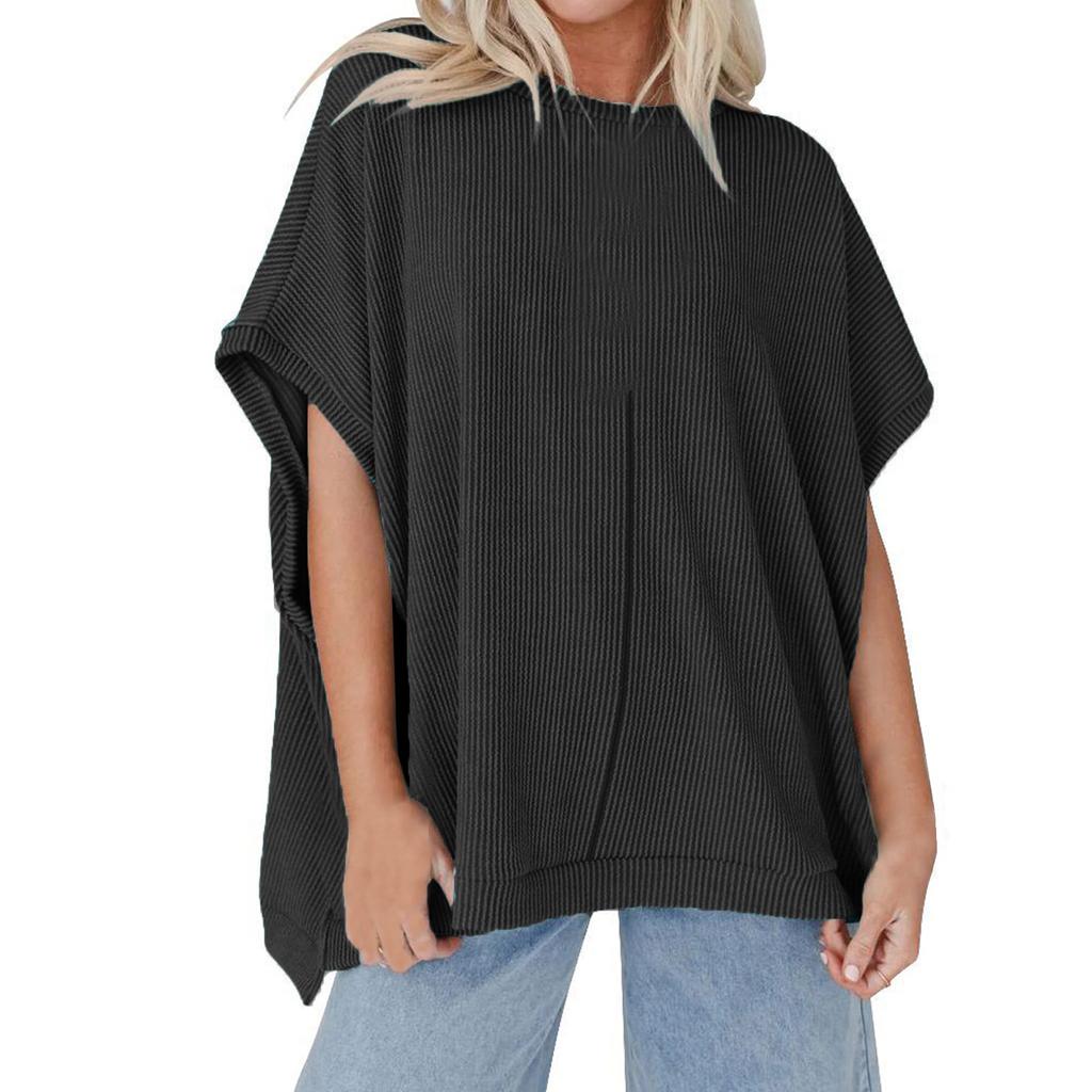 Женский однотонный трикотажный свободный пуловер с круглым вырезом и рукавами-футболками