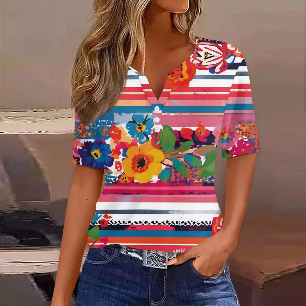 Жен. Футболка С принтом Пуговицы С короткими рукавами Повседневные Выходные Мода Классический Классический V-образный вырез Обычный Топ