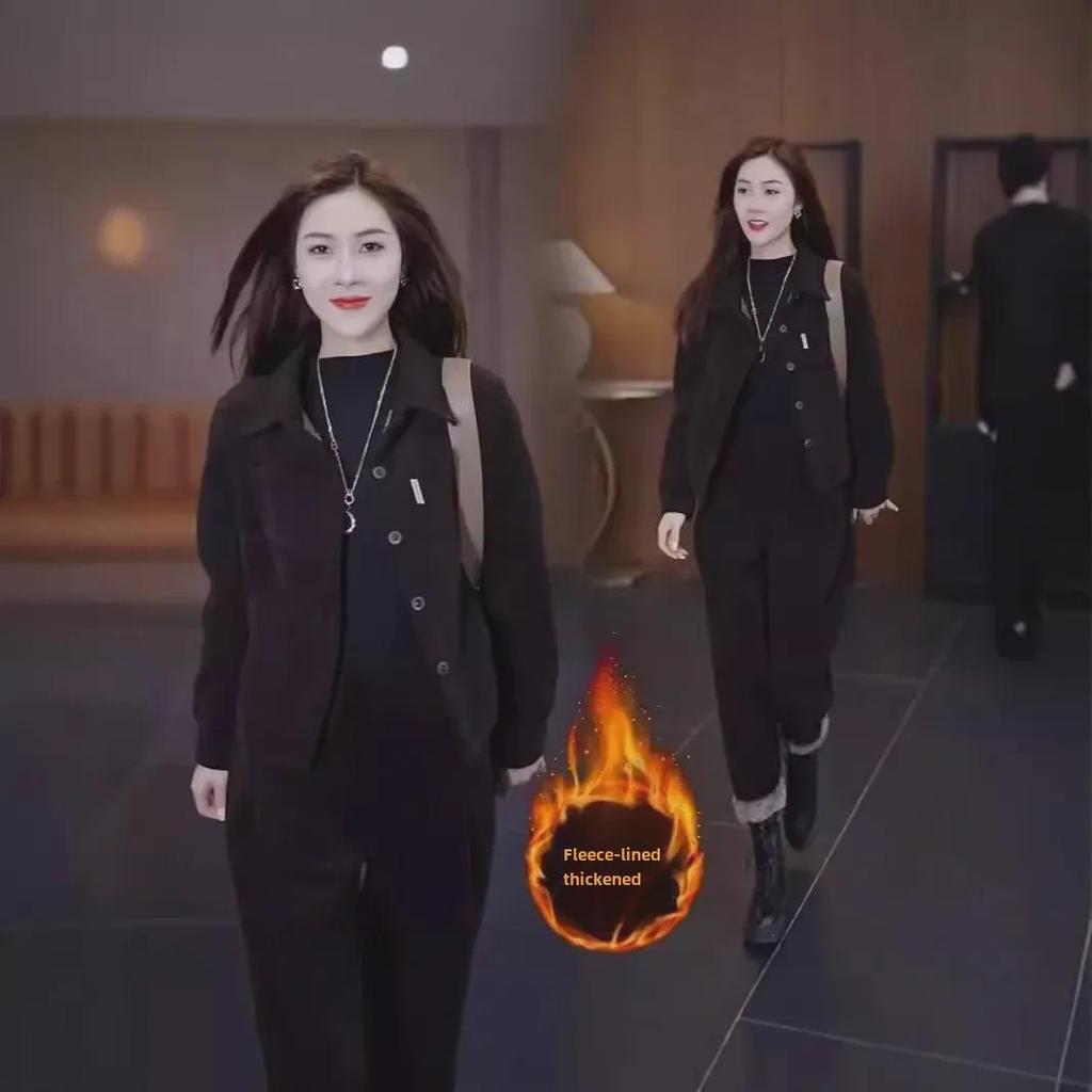 Women's Plush Thickened Casual Two-Piece Suit - Slim, Loose, Meat-Covering Fashion for Autumn & Winter 2024