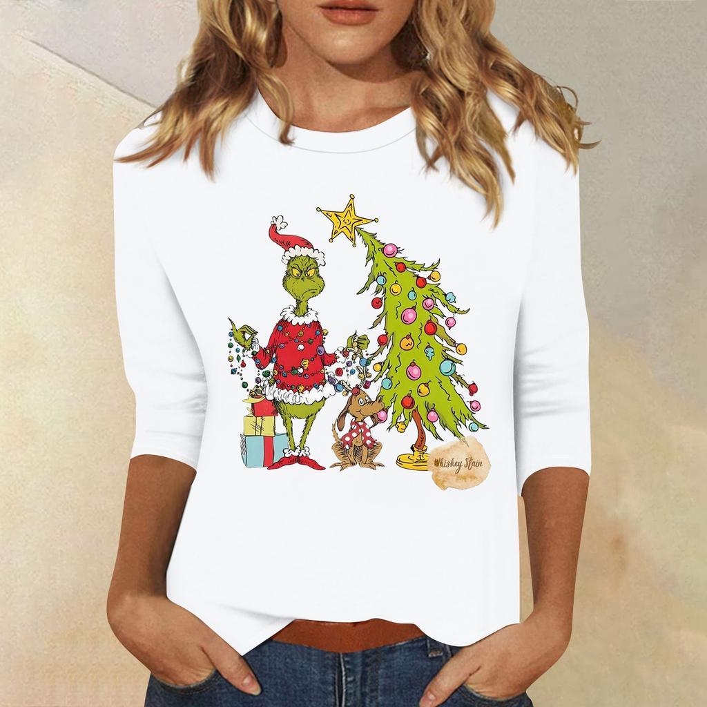 3/4 Sleeve Tops For Women T-Shirt Casual Christmas Print Tops T Shirt Round Neck Pullover Blouse