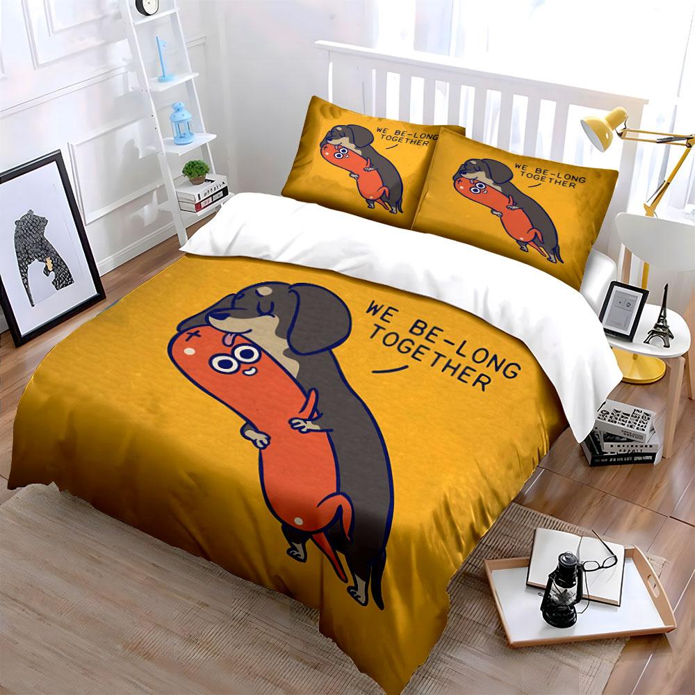 Dog and Sausage Cute Hug Design Bedding Duvet Cover Set Duvet Cover Pillowcases (1*Duvet Cover 2*Pillowcases, without duvet insert)
