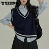 Свободный трикотажный жилет в стиле колледжа для женщин на осень с V-образным вырезом, многослойный свитер-жилет для женщин