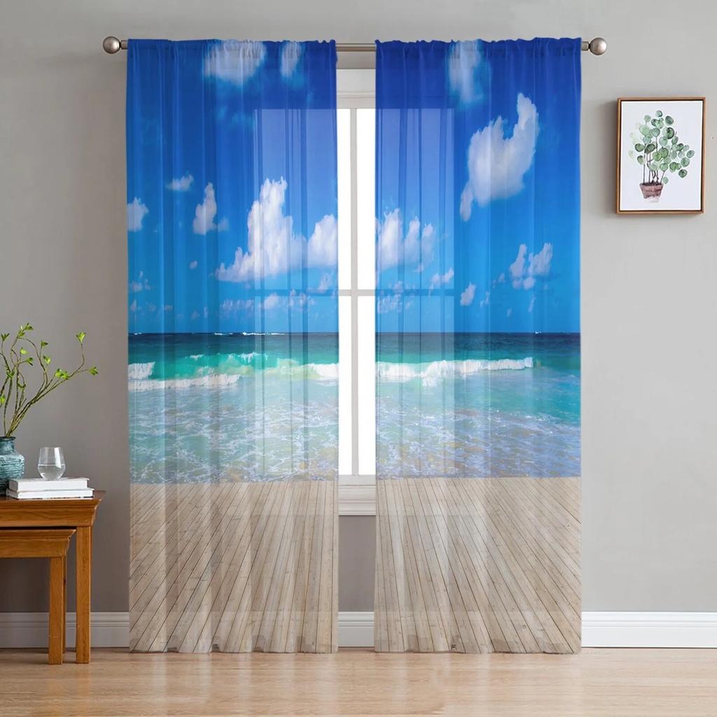 Прозрачные шторы для гостиной, пляжа, моря, кокосовой пальмы, детской спальни, балкона, большие шторы, занавески для кухни, столовой