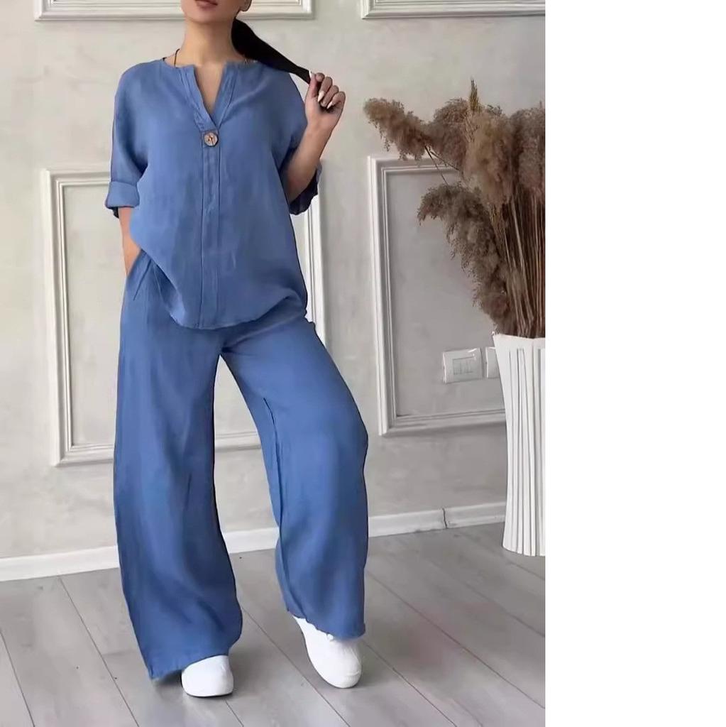 Cotton Linen Sets Two 2 Pieces Sale Casual Long Sleeve Button Loose Blouse Shirt&High Elastic Wide Leg Loose Pant Suits